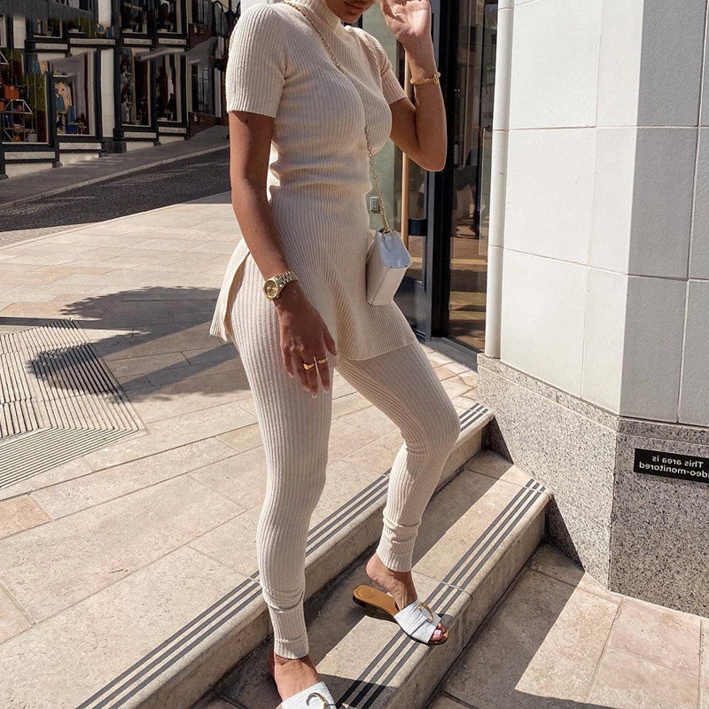 Women's beige short sleeve tight suit