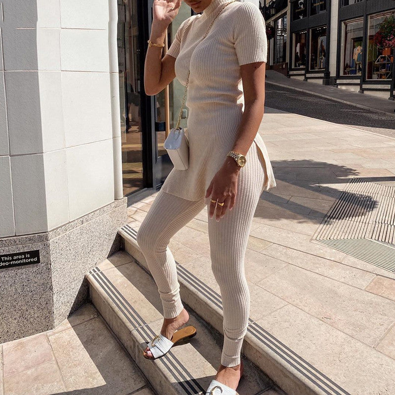 Women's beige short sleeve tight suit